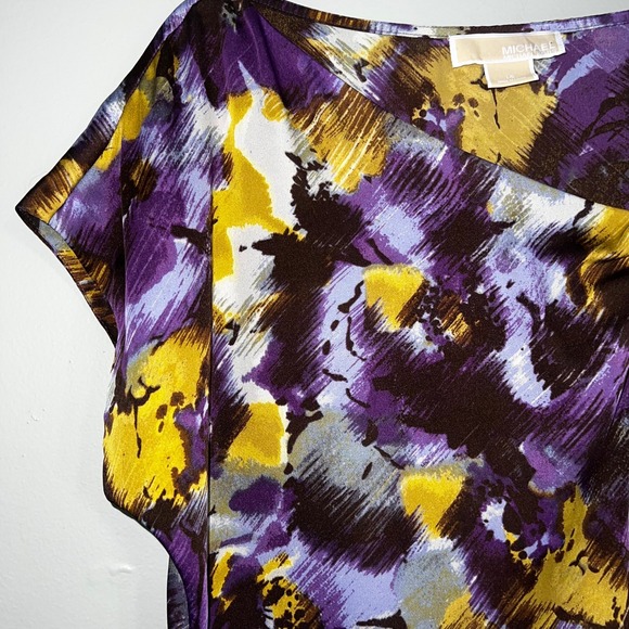 Michael Michael Kors Purple Gold Abstract Brushstroke Draped Cap Sleeve Blouse L - Picture 6 of 11
